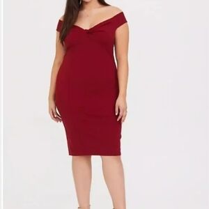 Torrid Bodycon Dress Off Shoulder Midi‎ - Knee Length Formal - Dark Red - 1X